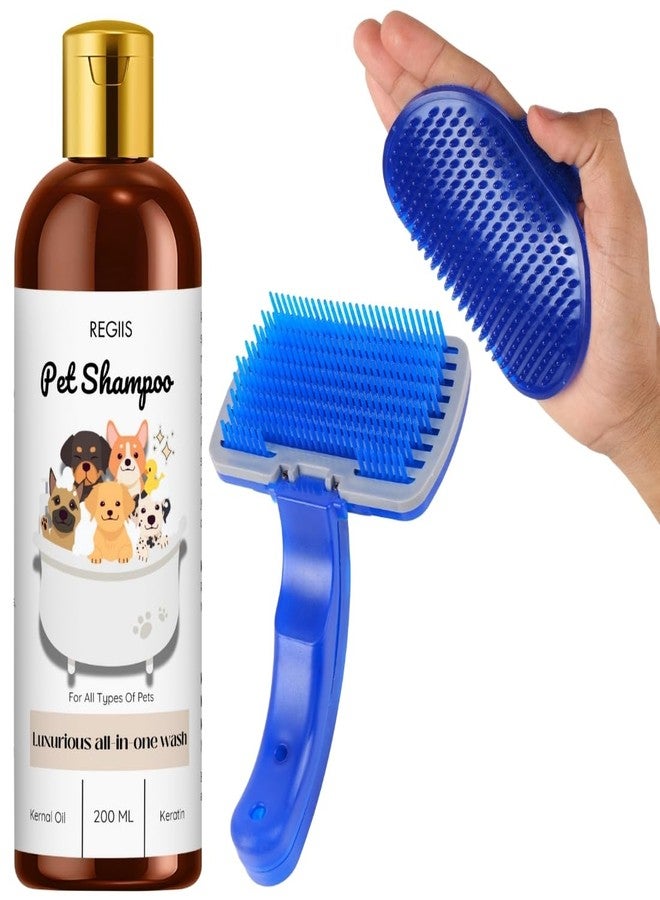 REGIIS Pet Grooming Set with Luxurious All-in-One Wash Shampoo, 200ml, Blue Silicone Brush for All Types of Pets, Kernal Oil and Keratin Formula(Pack of 3) - Image 1